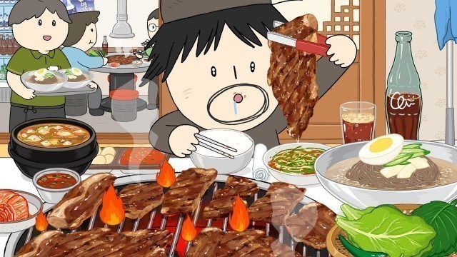 '숯불 돼지 갈비와 시원한 물냉면 먹방/ 애니먹방  - Galbi (Korean BBQ) & cold noodles Mukbang / Animation ASMR /foomuk'