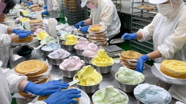 '1,000 cakes sold out a day! Amazing rainbow mille crepe cake mass production / 彩虹千層蛋糕量產-Food factory'