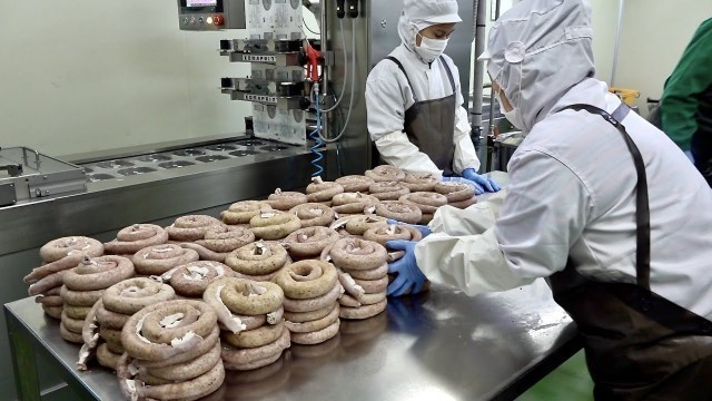 'Korean Sausage Mass Production Process. Pork Intestine Food Factory'