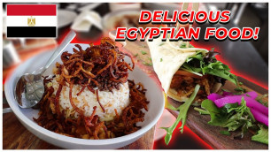 'Trying EGYPTIAN Food for the FIRST TIME! AND I LOVE IT! (SCHWARMA, KOSHARI, SAHLAB, KONAFA!)'