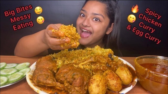 'SPICY CHICKEN CURRY AND SPICY EGG CURRY WITH VEGETABLE PULAO | BIG BITES | FOOD EATING VIDEOS'