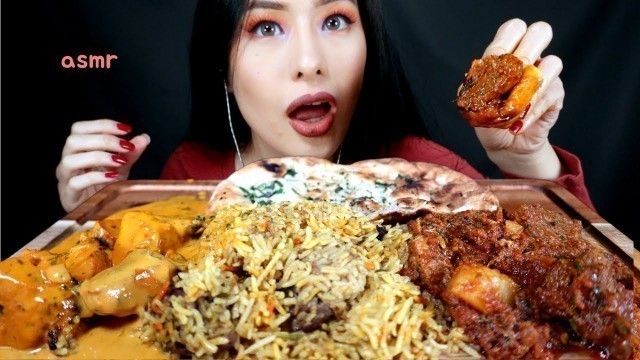 'ASMR EATING INDIAN FOOD | CHICKEN TIKKA MASALA, LAMB BIRYANI, GARLIC NAAN, LAMB VINDALOO MUKBANG'
