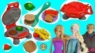 'Barbie BBQ Doll Party With Disney Frozen + Playdoh Burger Barbecue Food Maker'