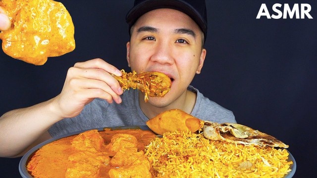 'ASMR EATING INDIAN FOOD! Chicken Biryani, Butter Chicken, Naan, Samosa (Collab w/ @tony ASMR)'