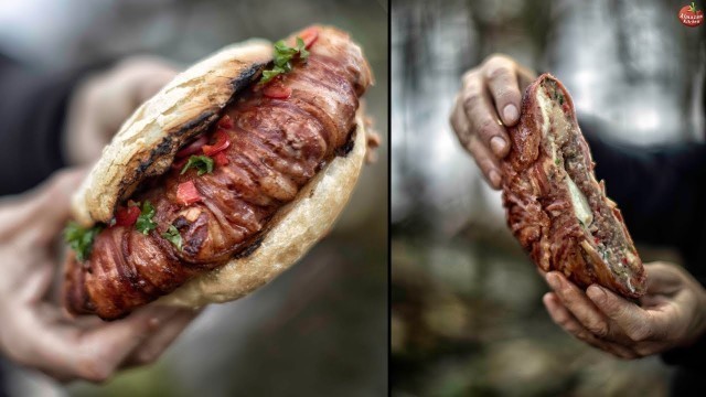 'BACON ROLLED DOUBLE MEAT BURGER - BUSHCRAFT FOODPORN'