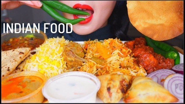 'ASMR INDIAN FOOD FEAST | BIRYANI RICE, CHILLI CHICKEN, GOAT CURRY, EGGPLANT CURRY, CHUTNEY, SAMOSA'