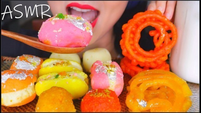 'ASMR EATING INDIAN SWEETS DESSERTS | RASGULLA + JALEBI + LADOO + CHUM CHUM + COLD MILK 咀嚼音 | 먹방'