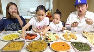 'Indian food / family eating show MUKBANG 인도 정통 음식 / 커리, 탄두리 치킨, 사모사, 시푸드 필라프,요거트 샐러드'