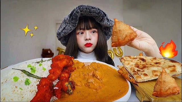 'SPICY CREAMY CHICKEN CURRY, WHITE RICE, SAMOSA, NAAN (FIRST TIME)EATING INDIAN FOOD MUKBANG 인도 음식 먹방'