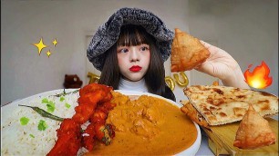 'SPICY CREAMY CHICKEN CURRY, WHITE RICE, SAMOSA, NAAN (FIRST TIME)EATING INDIAN FOOD MUKBANG 인도 음식 먹방'