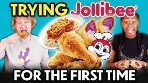 'Americans Try Jollibee For The First Time! (Chickenjoy, Yum Burger, Burger Steak, Jolly Spaghetti)'