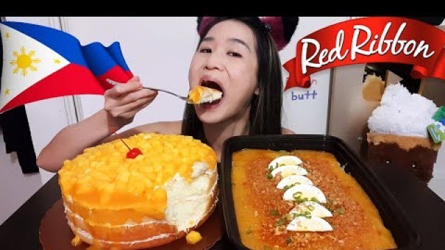 'Eating Filipino Food! Red Ribbon Mango Cake & Palabok Noodles - Dessert Mukbang w/ Asmr'