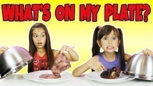 'WHAT\'S ON MY PLATE CHALLENGE! Kids Taste Weird Food | Emily and Evelyn'