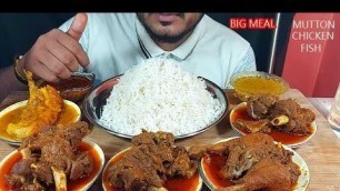 'HUGE MEAL-SPICY MUTTON CURRY,CHICKEN CURRY,FISH CURRY AND FULL PLATE RICE EATING WITH  GRAVY and dal'
