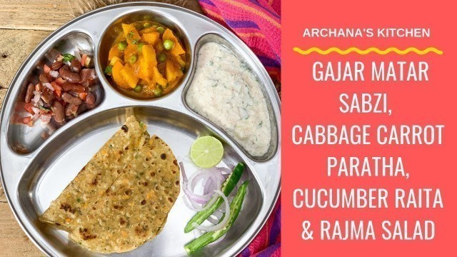 'Portion Control Meal Plate - Cucumber Raita, Aloo Gajar Matar Sabzi, Cabbage Carrot Onion Pudina'