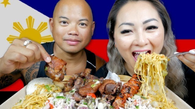 'Filipino FOOD *BBQ Chicken, Pancit Canton, Crispy Pata, Pork Sisig Mukbang  | N.E Let\'s Eat'