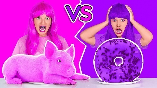 'EATING ONLY ONE COLOR FOOD FOR 24 HOURS! Last To STOP Eating Pink VS Purple Food by 123 GO!CHALLENGE'
