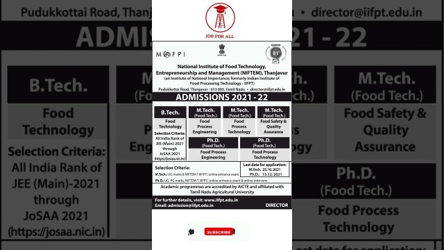 'NIFTEM Admission 2021-22 Opens for Food Technology|B.Tech|M.Tech|Ph.D|Affiliated by TNAU|Job for All'
